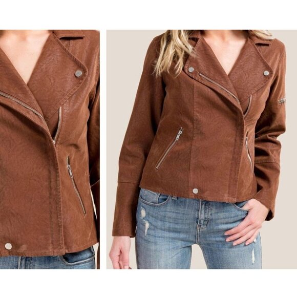 Suede Faux Leather Moto Jacket Asymmetrical Zip Up Tan Brown Miami - Picture 1 of 10
